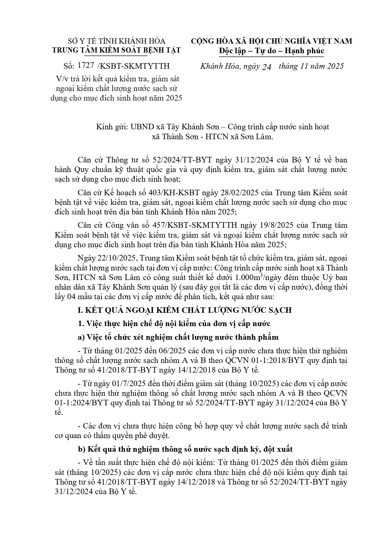 V/v trả lời kết quả kiểm tra, giám sát ngoại kiểm chất lượng nước sạch sử dụng cho mục đích sinh hoạt năm 2025